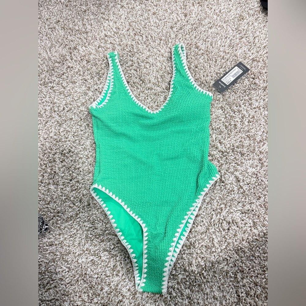 bebe Texture Rib Green One-Piece Swimsuit with White Trim